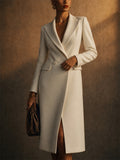Womens Elegant White Double-Breasted Slim Fit Tailored Blazer Midi Coats