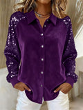 Autumn Velvet Sequin Sleeve Patchwork Button Up Casual Blouses for Women