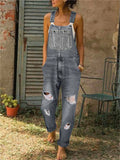 Women's Casual Solid Color Pockets Denim Ripped Jumpsuits