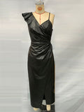 Women's Black Solid Color Asymmetric Shoulder Strap Split Dress