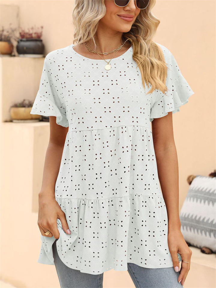 Women's Loose Sweet Style Solid Color Hollow Round Neck Shirts