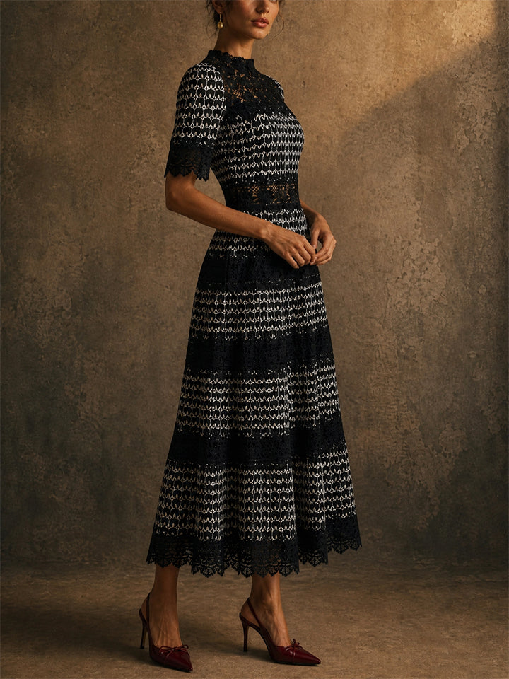 Women Elegant Black White Lace Tiered Midi Evening Dress
