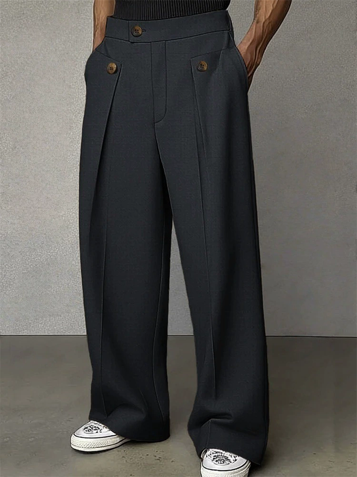 ‌Men's Casual High-Waist Pleated Suit Trousers with Button Details