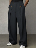 ‌Men's Casual High-Waist Pleated Suit Trousers with Button Details
