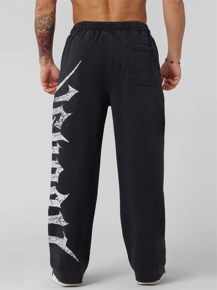 Men's Casual Printed Sports Mid Waist Elastic Wide Leg Straight Trousers