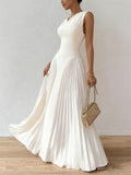 Summer White Slim Fit Pleated V Neck Sleeveless Maxi Dress for Women