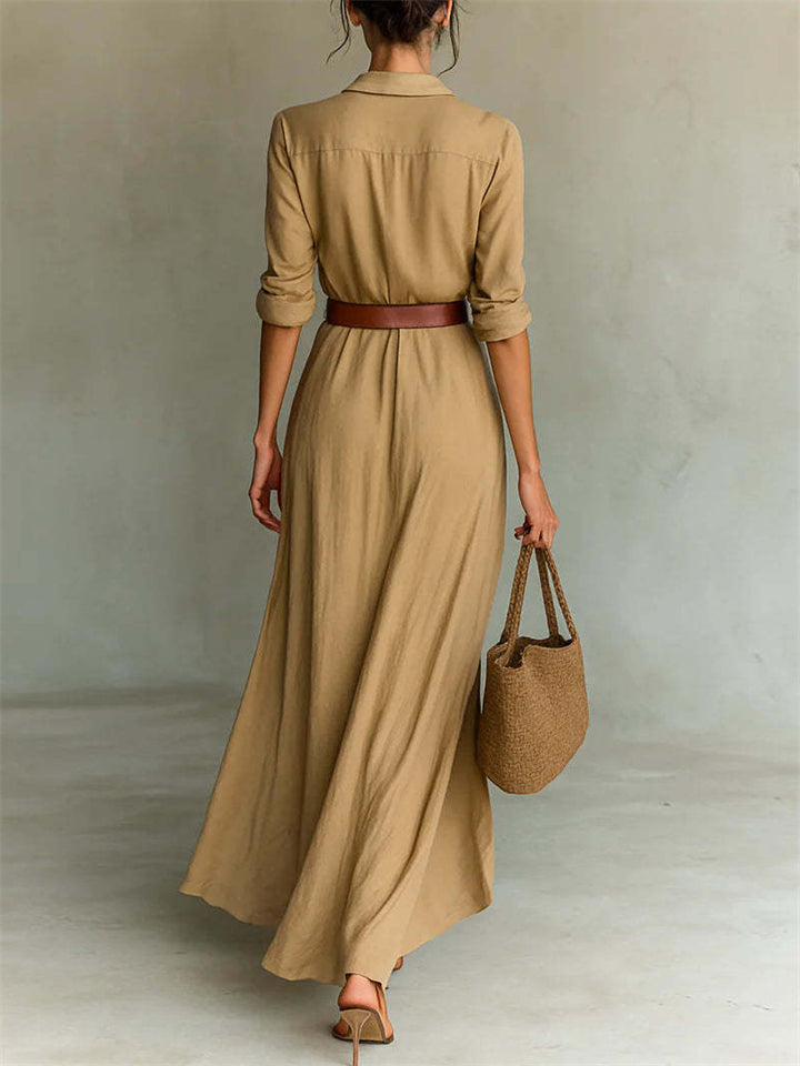 Sexy Button Up Lapel Long Sleeve Shirt Dress for Women‌