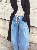 Women's Trendy Drawstring Low Waist Pockets Wide Leg Denim Pants