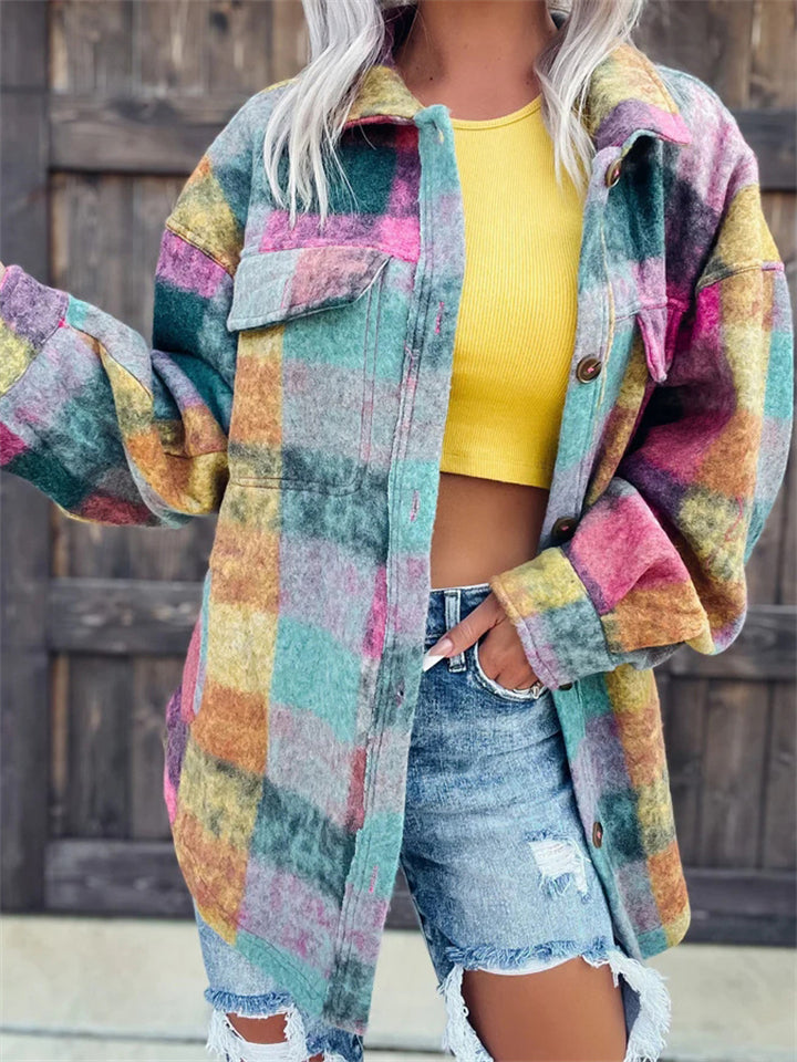 Women's Print Button Up Pocket Long Sleeve Coat