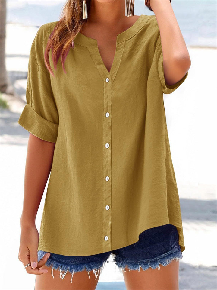 Women's Button Up V Neck Short Sleeve Summer Blouses