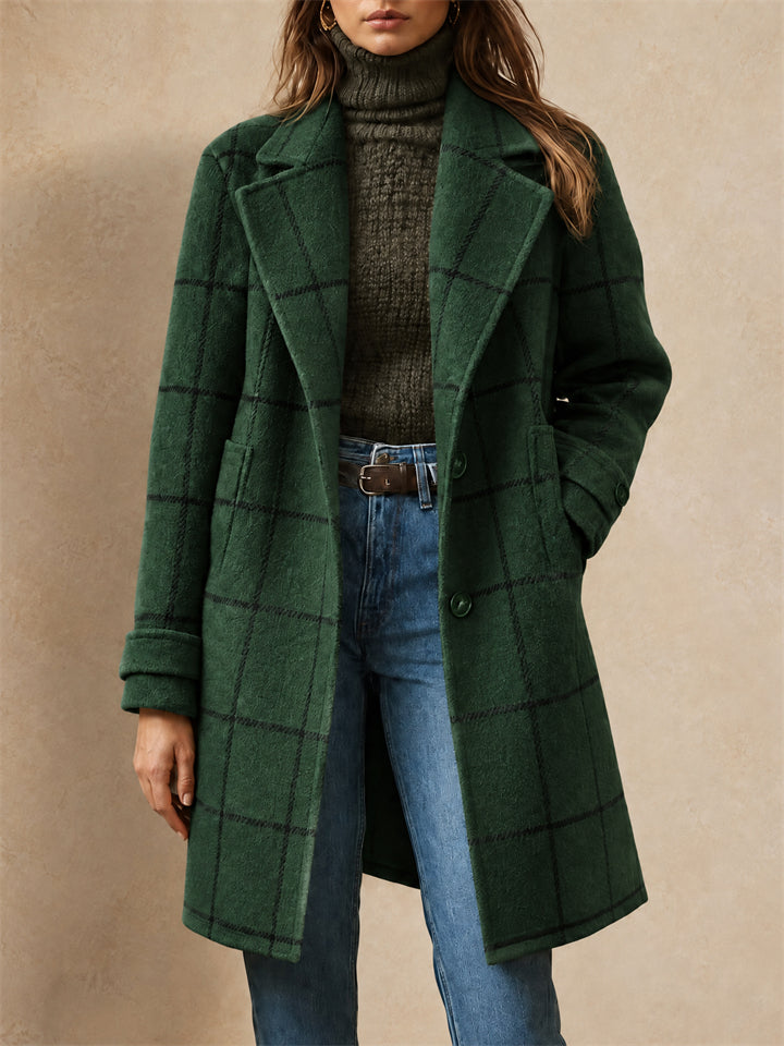 Women Plaid Wool Blend Long Lapel Single Breasted Overcoat