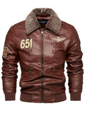 Men's Winter Fleece Lined Faux Leather Bomber Jacket with Faux Fur Collar