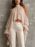 Women Chiffon High Neck Cold Shoulder High Low Blouse Top
