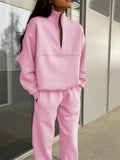 Women's Casual Solid Color Zip Up Pullover Sweatshirts & Sweatpants Outfit
