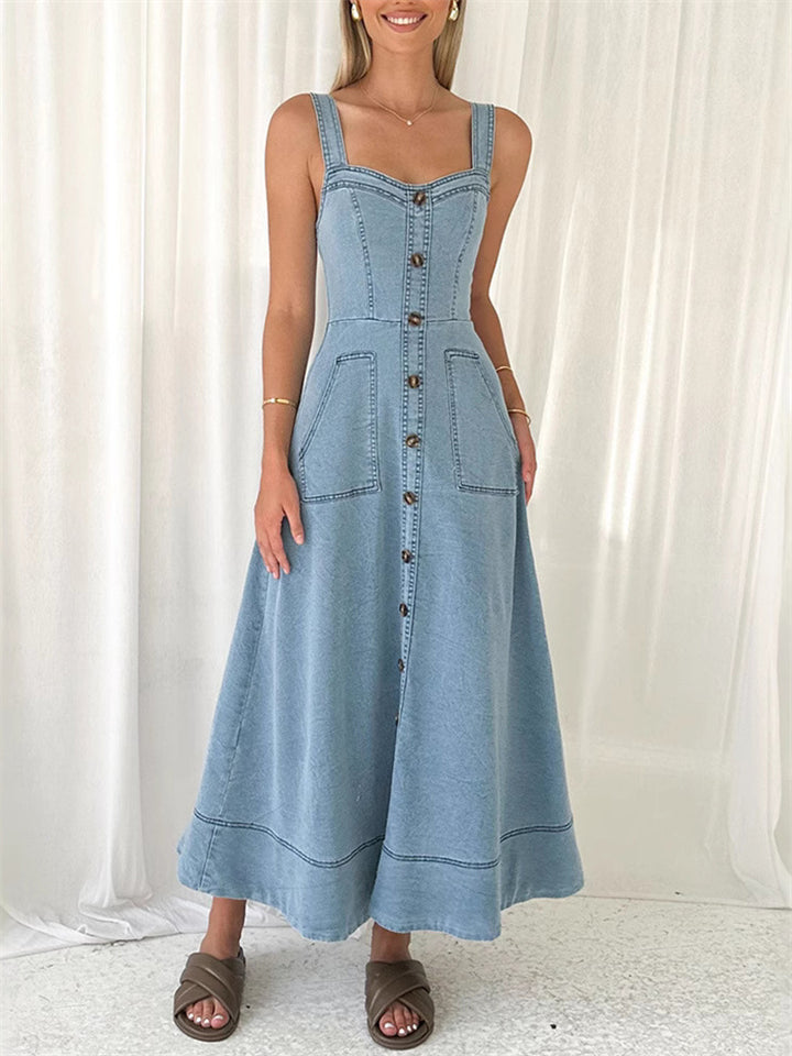 Women's Solid Color Denim Strap Maxi Dress with Pockets