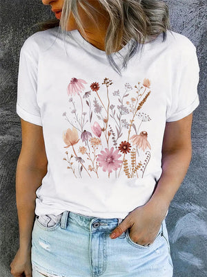 Women's Daisy Flower Print Round Collar Casual T-shirts