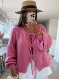 Women's Solid Color Round Neck Lace Up Cardigan Sweater