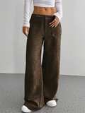 Women's Corduroy Solid Color Mid Rise Pockets Wide Leg Pants
