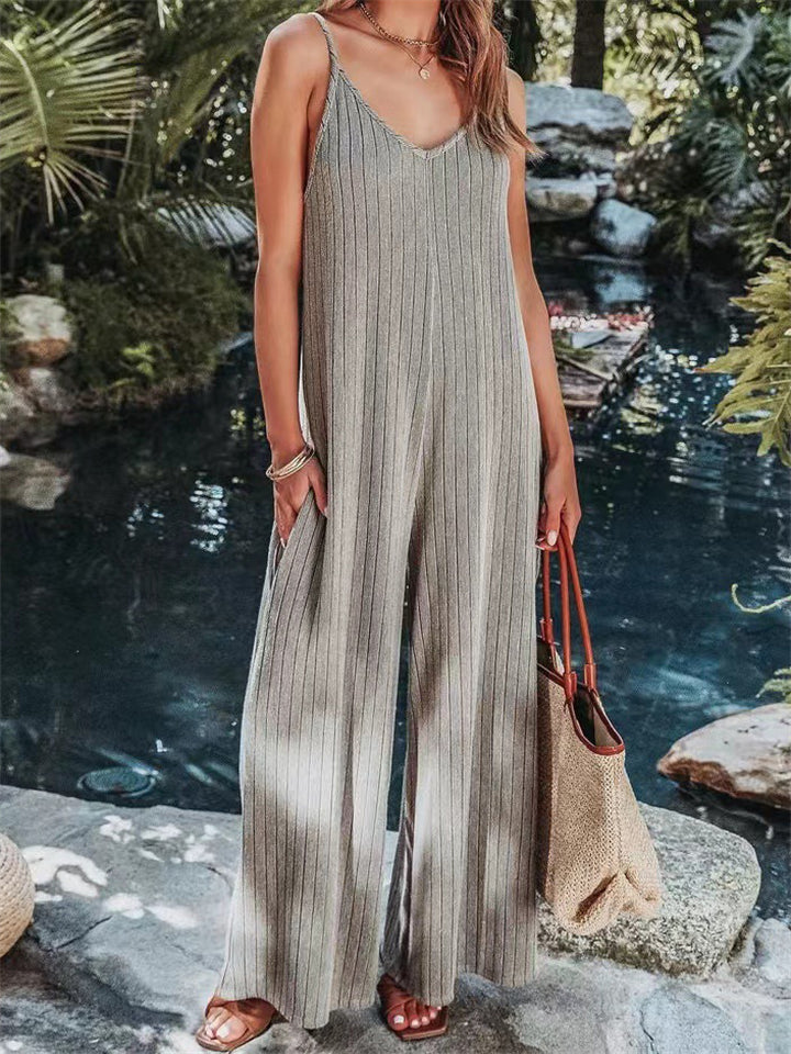 Vacation V Neck Backless Elegant Straight Leg Jumpsuit for Lady