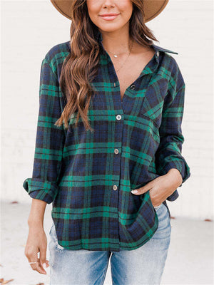 Loose Ultrathin Lapel Long Sleeve Plaid Blouses for Women