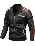 Men's Contrast Color Striped Faux Leather Jacket Winter Casual Motorcycle Style