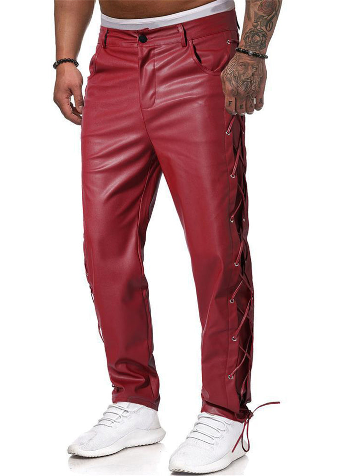 Male's Faux Leather Solid Color Side Lace Up Mid Rise Trousers