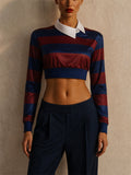 Women Striped Long Sleeve Rugby Polo Crop Top