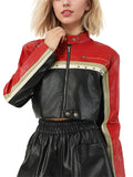 Women's Trendy Contrast Color Crop Motorcycle PU Coat