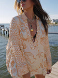 Women's 2pcs Summer Print Long Sleeve Satin Top & Short Pants Set