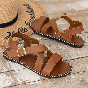 Female Buckle Crossover Strap Low Heel Flat Sandals