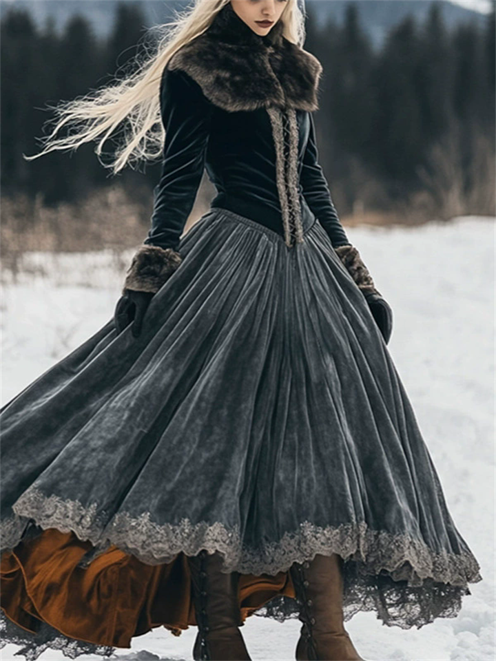 Women's Vintage Velvet Faux Fur Shawl Collar Maxi Dress with White Lace Trim‌