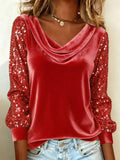 Women's Vintage Velvet Long Sleeve Cowl Collar‌ Blouses with Sequin Sleeves