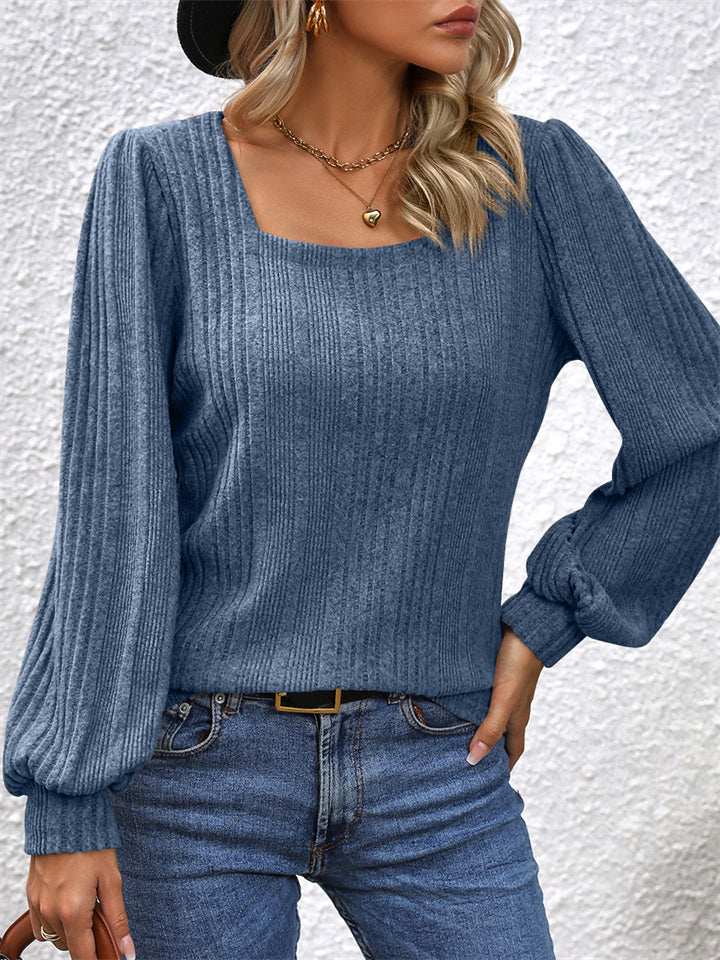 Women's Solid Color Striped Square Neck Long Sleeve Shirt