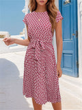 Female Popular Waist Lacing Cap Sleeve Printed Dresses