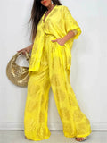 Women's Gold Floral Print Button Up Loose Fit Top and Wide Leg Pants Set‌