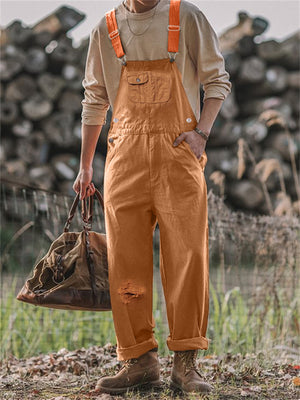 Men's Retro Loose Ripped Brown Cargo Jumpsuit