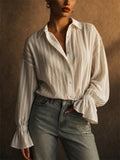 Women F‌rench Style Ruffle Bell Sleeve Button Down Striped Top