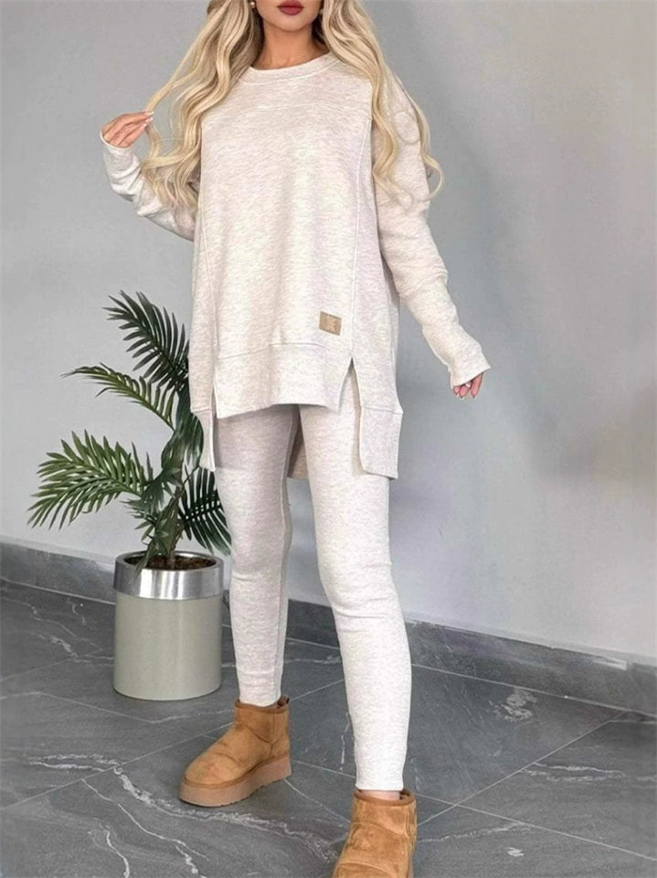 Women's Simple Casual Solid Color Round Neck  Asymmetric Hem Sweatshirts & Sweatpants Outfit