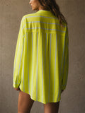 Women Oversized Lime Green Striped Button Down Long Shirt