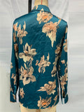 Women's Lotus Printed Satin Slim Fit Lapel Long Sleeve Shirt