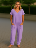 Women's Summer Solid Color V Neck Pockets Drop Crotch Jumpsuits