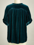 ‌Women's Elegant Velvet Button Up Round Neck Short Sleeve Blouse‌
