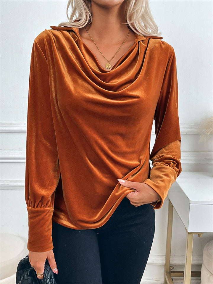 ‌Vintage Elegant Velvet Cowl Neck Long Sleeve Top for Women‌