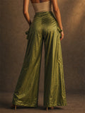 Women Metallic High Waist Cargo Wide Leg Pants with Pockets