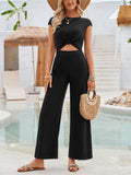 Stylish Hem Knot Design Round Neck Cap Sleeve Jumpsuit for Lady