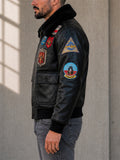 Men Leather Patches Flight Bomber Coat with Faux Fur Collar