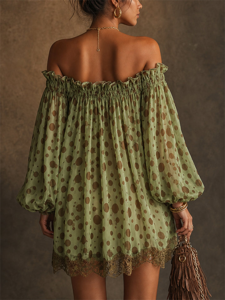 Women's Lantern Sleeve Polka Dot Off Shoulder Lace Trim Mini Dress