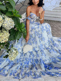 Blue Floral Print Organza Princess Dress