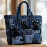 Cute Black Cat Patchwork Tote Bag for Women
