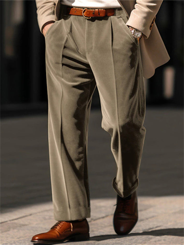 Men's Velvet Solid Color Mid-Rise Straight Trousers